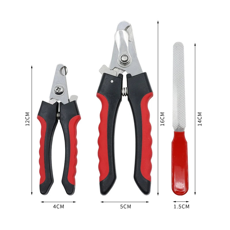 Stainless steel pet nail clippers shown with various sizes and dimensions for dogs and cats