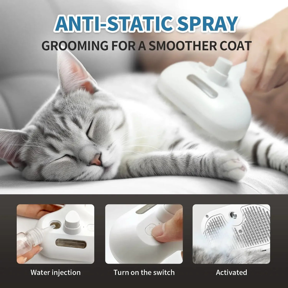 Anti-static spray grooming tool for cats showing water injection, switch turn on, and activated steam.