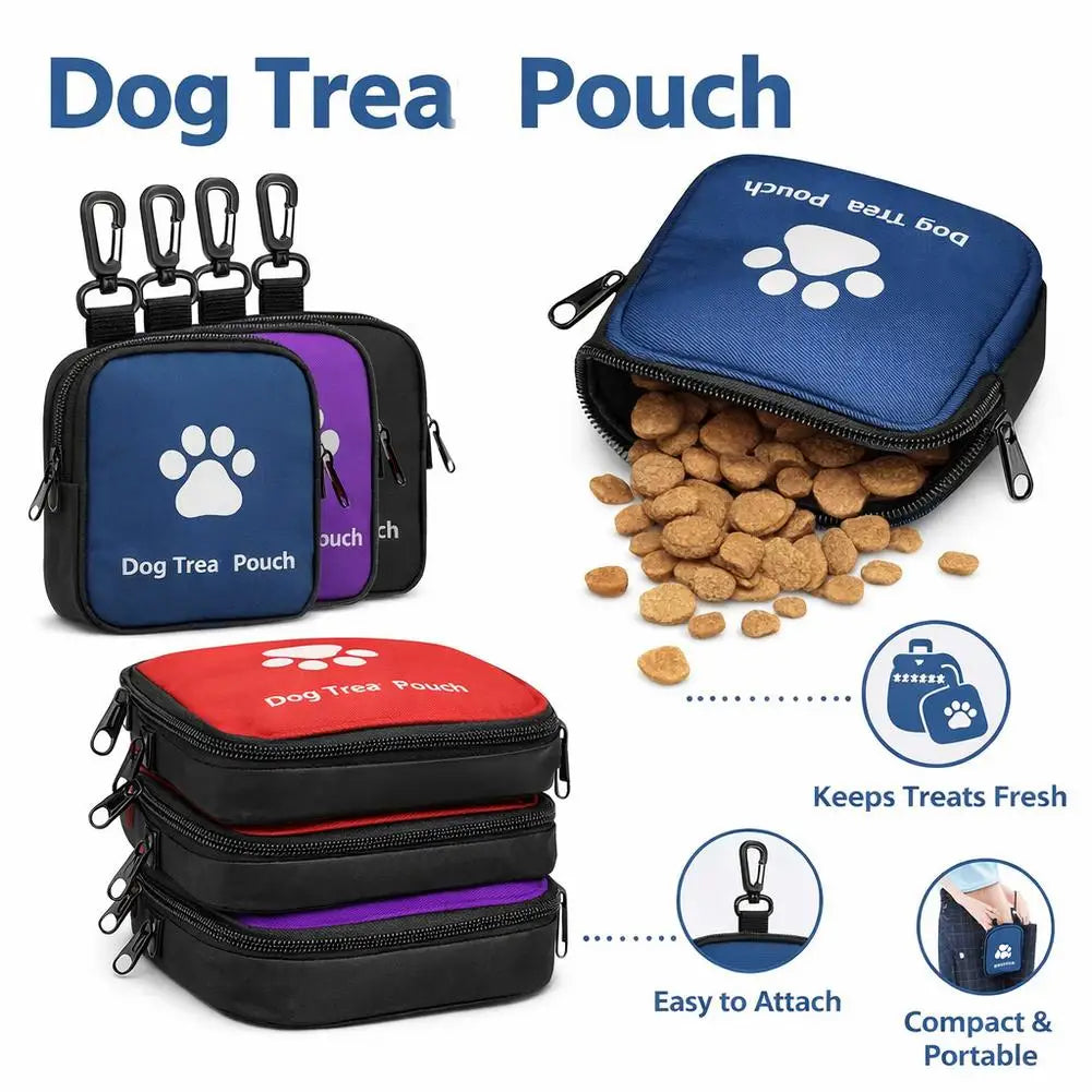 A set of portable dog treat pouches in blue, purple, and black with a waist belt for training and walks.