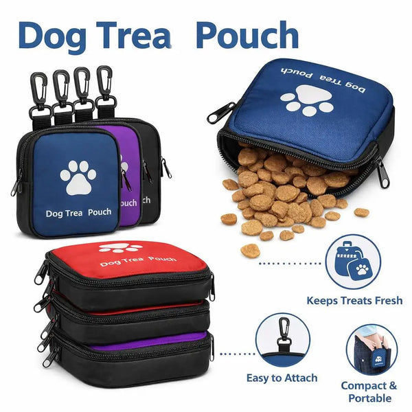 A set of portable dog treat pouches in blue, purple, and black with a waist belt for training and walks.