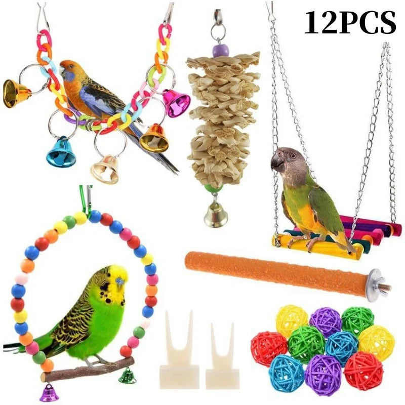 A set of natural wooden swing and chewing toys for parrots, including a bird figure and various wooden accessories.