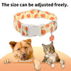 Un collar de perro amarillo con estampado de Halloween naranja junto a un gato.