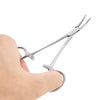 Stainless steel pet ear hair tweezers with a curved tip being held by a hand