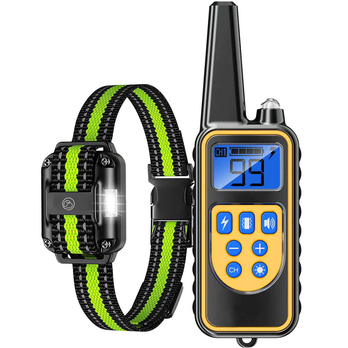 A black waterproof dog training collar with a yellow strap and a digital display.