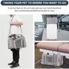 A portable pet carrier bag is shown being carried by a person, with another view of the bag on a rolling suitcase.