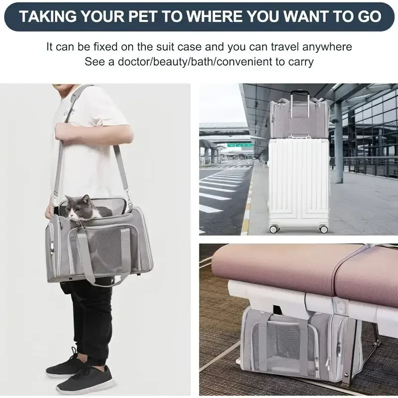 A portable pet carrier bag is shown being carried by a person, with another view of the bag on a rolling suitcase.