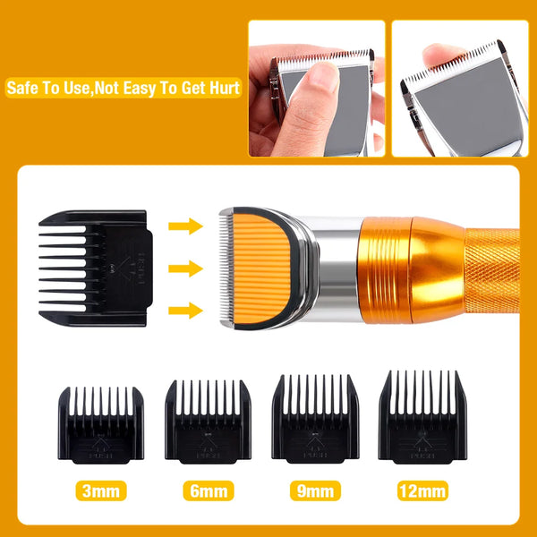 A set of professional pet grooming clippers with various blade sizes including 3mm, 6mm, 9mm, and 12mm.