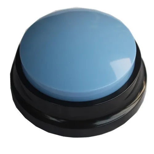 A round, light blue button with a black base for dog training.