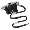 A black and silver hands-free reflective dog leash with a storage bag and adjustable collar.