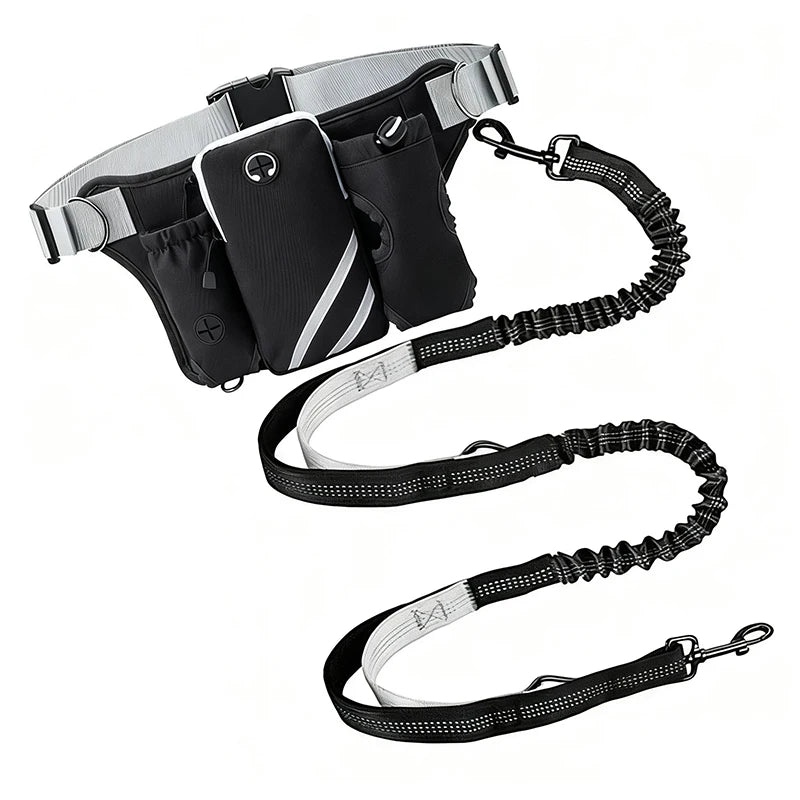 A black and silver hands-free reflective dog leash with a storage bag and adjustable collar.
