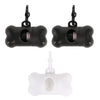 Black bone-shaped poop bag dispenser with clip and a white plastic bag component