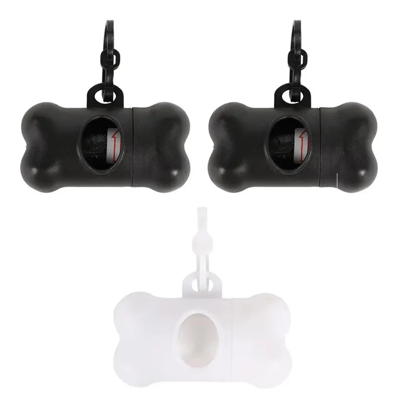 Black bone-shaped poop bag dispenser with clip and a white plastic bag component