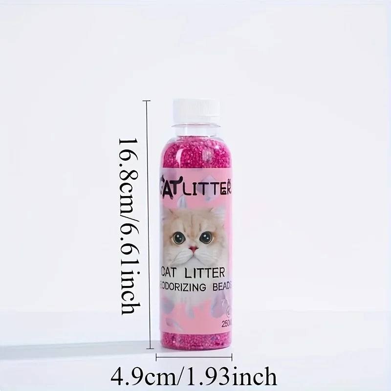Eine Flasche natürlicher Katzenstreu mit desodorierenden Perlen und rosa Glitzer