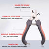 A pair of pink and gray stainless steel pet nail clippers with a round tip design and non-slip rubber coating.