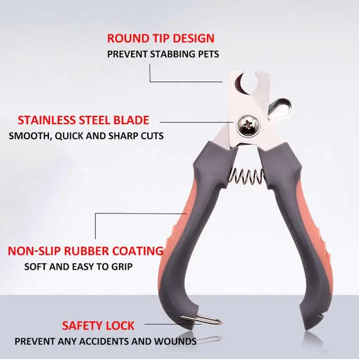 A pair of pink and gray stainless steel pet nail clippers with a round tip design and non-slip rubber coating.