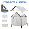 An upgraded all-season insulated cat house featuring dual-sided mats, hot water bags, ice packs, and hanging pockets.