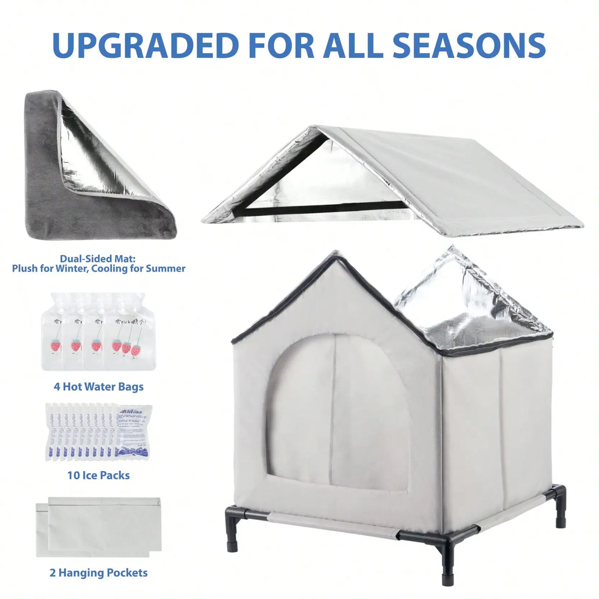 An upgraded all-season insulated cat house featuring dual-sided mats, hot water bags, ice packs, and hanging pockets.