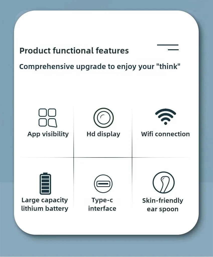 Funktionen eines smarten Visier-Ohrreinigers: App-Sicht, HD-Display, WLAN-Verbindung, große Lithiumbatterie, Type-C-Anschluss