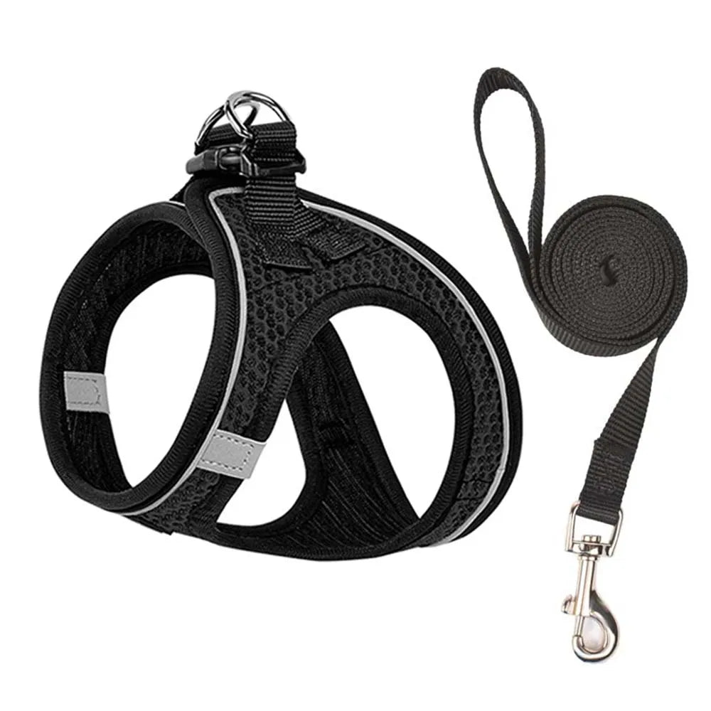 Harnais ajustable noir pour chiens et chats avec attache de laisse