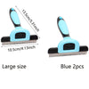 Blue detachable pet hair grooming comb set showing a large size and two combs.