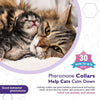 A fluffy tabby kitten is resting its head on a adult cat, with text promoting pheromone collars for calming cats.