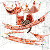 A multi-functional pet hammock and hideout set featuring pink and orange fabric for a small cat.
