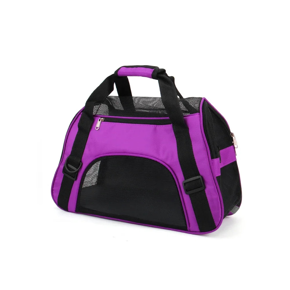 Purple and black breathable mesh pet carrier bag for cats and small dogs
