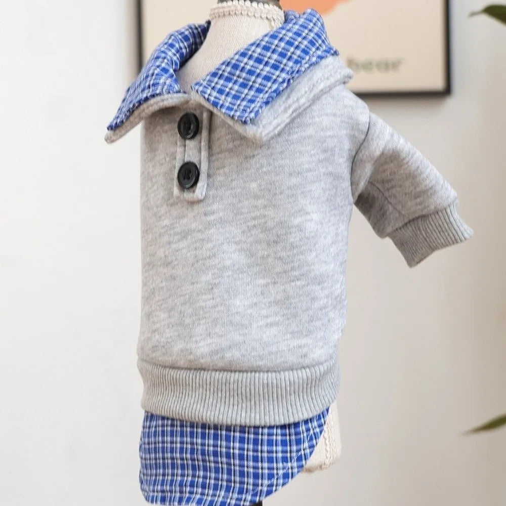 A gray knitted dog hoodie with a blue plaid collar and matching blue plaid pants.