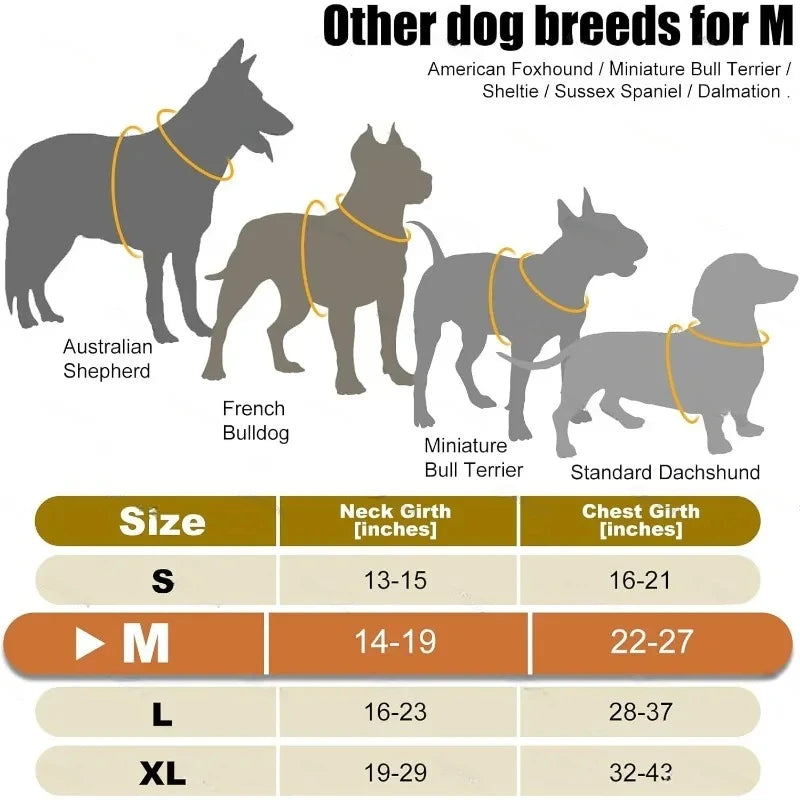 A chart showing sizes S, M, L, and XL for dog harnesses, detailing neck girth and chest girth measurements in inches.