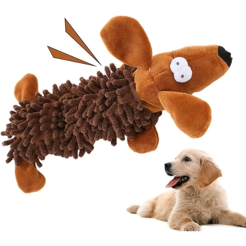 A brown plush squeaky donkey dog toy with floppy ears and a textured body.