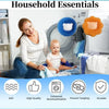 A woman is shown with a baby, surrounded by household essentials including soft, high quality, enhanced decontamination, tang