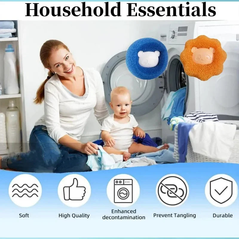 A woman is shown with a baby, surrounded by household essentials including soft, high quality, enhanced decontamination, tang