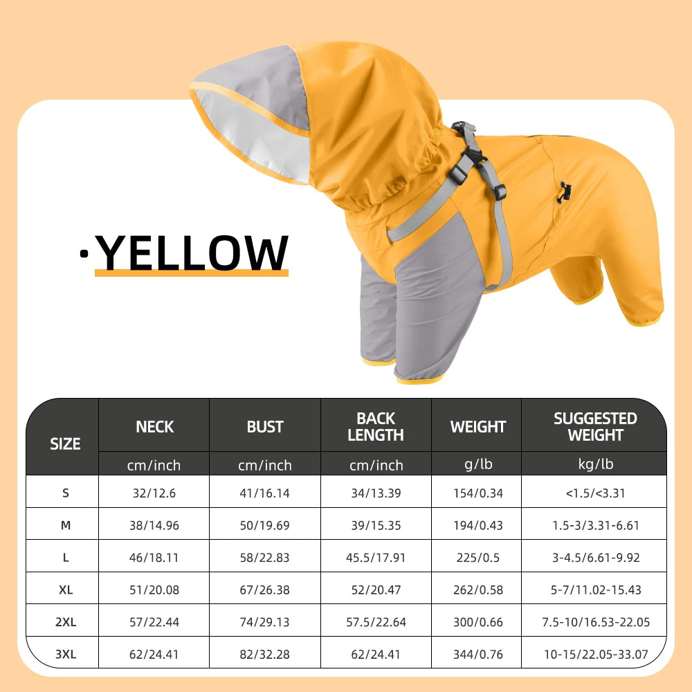 impermeable amarillo de dos capas para mascota con arnés, vista de plano