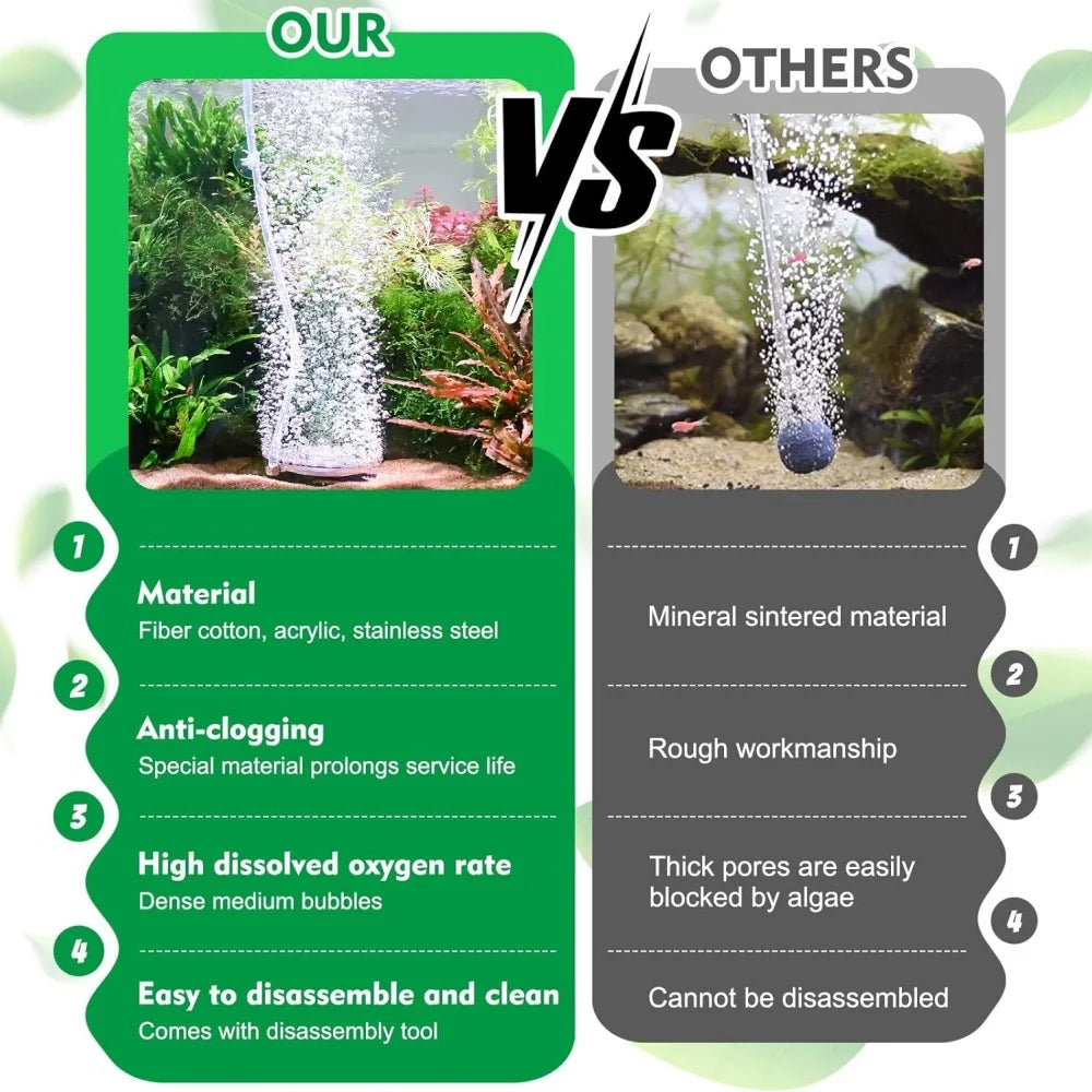 Comparison of acrylic air stones versus mineral sintered material for oxygen diffusion.