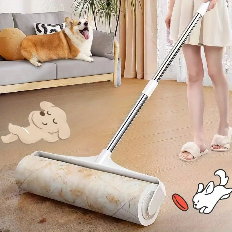 A silver and white retractable lint roller mop with refill rolls is shown on a wooden floor next to a dog and a person.