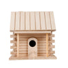 A wooden hanging birdhouse with a slanted roof and an entrance hole, made of light wood.
