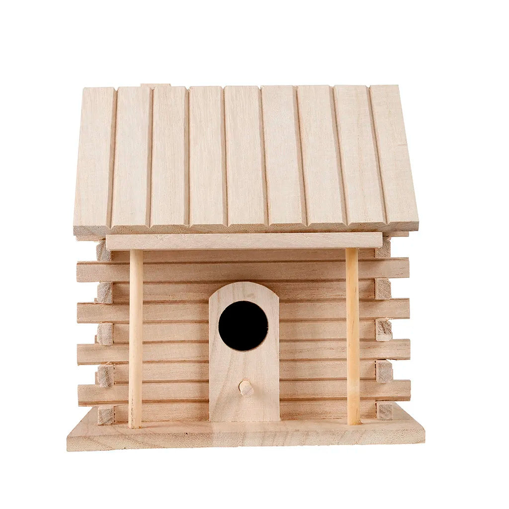 A wooden hanging birdhouse with a slanted roof and an entrance hole, made of light wood.