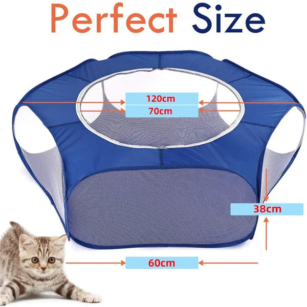 Cage de jeu portable bleue pour animaux avec enclos en maille et un chaton devant.