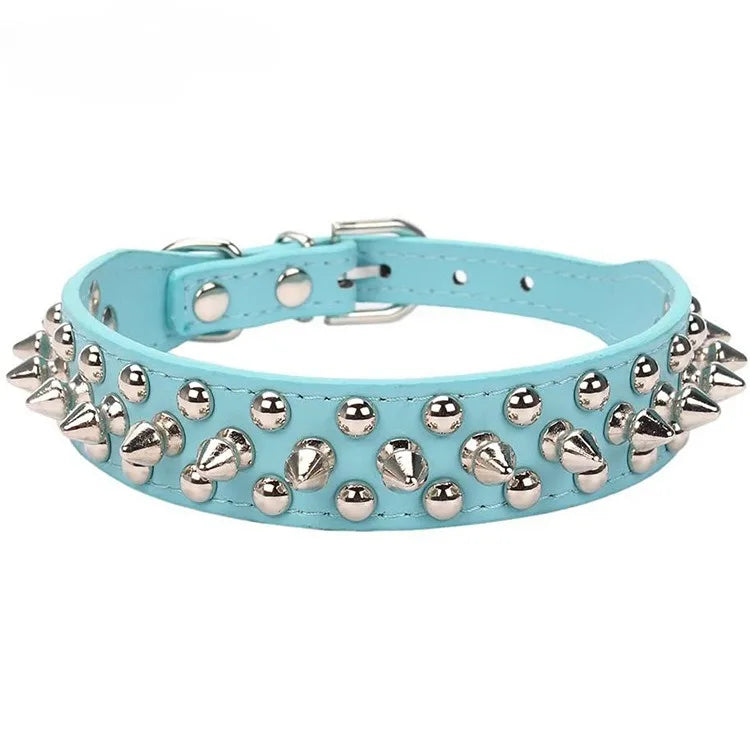 Light blue leather dog collar with silver spikes and a buckle closure