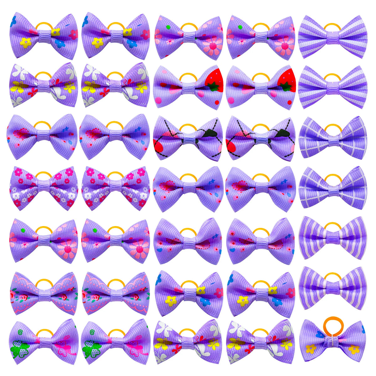 A collection of colorful pet hair bows in various patterns and colors tied with gentle rubber bands.