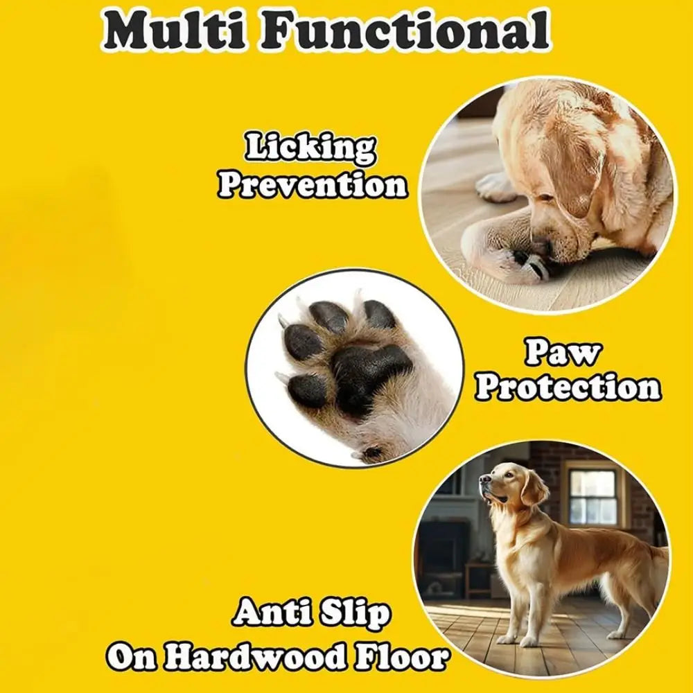 Multi Functional dog socks offering licking prevention, paw protection, and anti-slip features for hardwood floors.