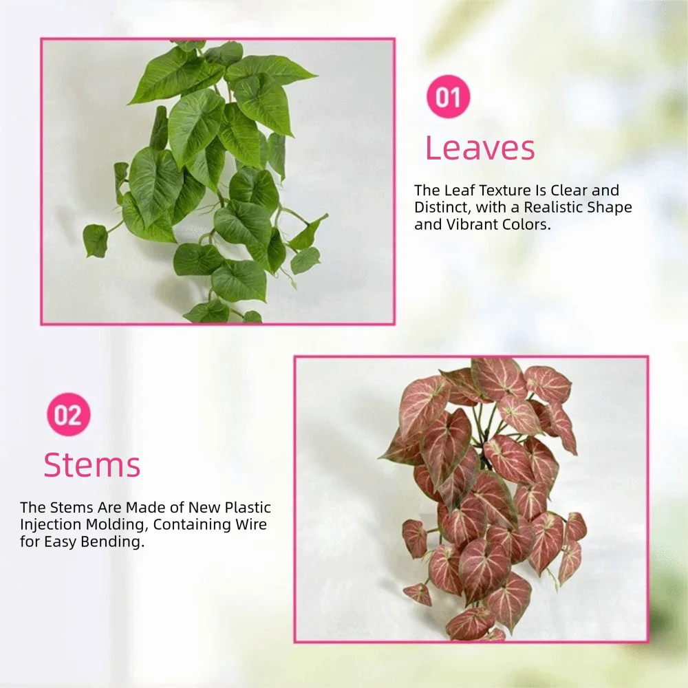 Gros plan sur des feuilles et tiges d'ivy artificielles vertes pour décoration murale.