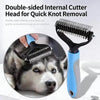 A blue and black double-sided internal cutter head for quick knot removal is shown next to the complete tool, with a dog's he