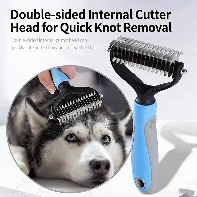A blue and black double-sided internal cutter head for quick knot removal is shown next to the complete tool, with a dog's he