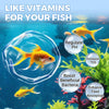Image showing a yellow fish swimming in water with text promoting vitamins for fish.