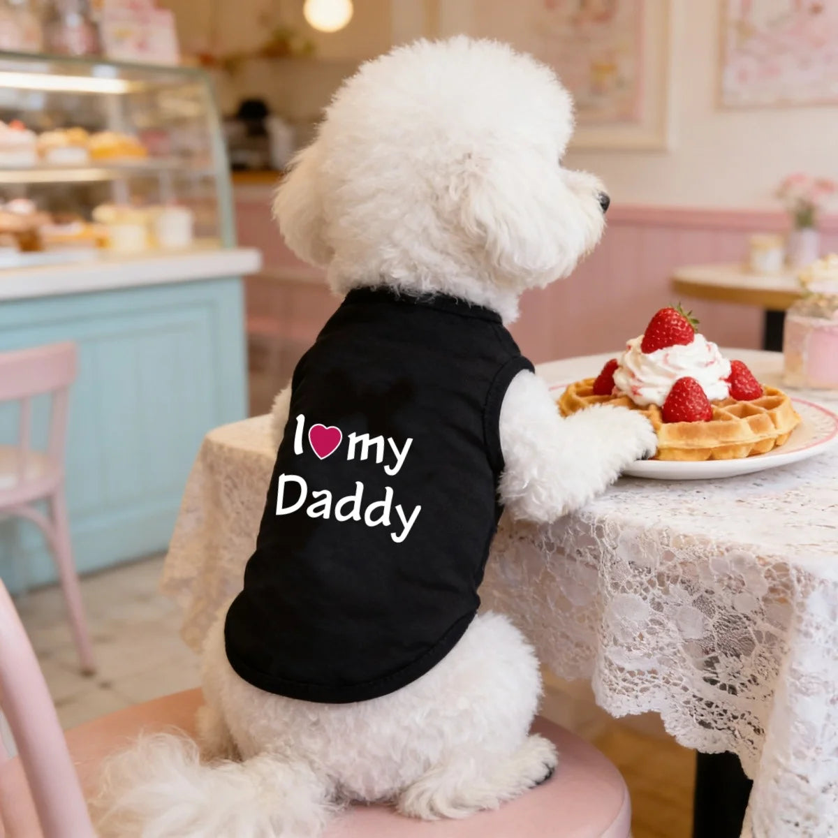 A white dog wearing a black pet vest with 'I love my Daddy' written on it, sitting on a table.