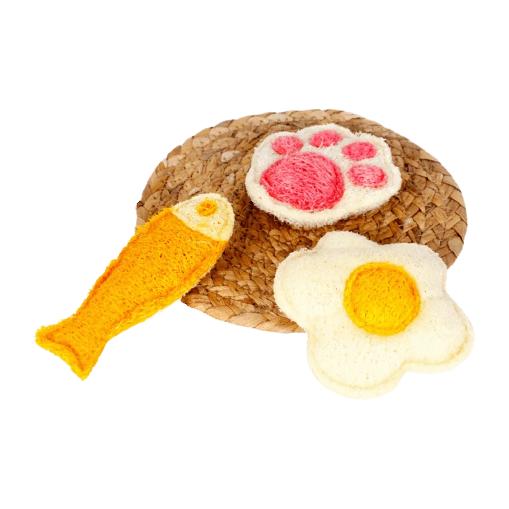 A natural loofah cat chew toy shaped like a fish is placed on a woven mat next to a cat paw-shaped item.