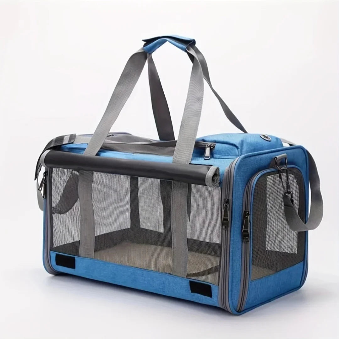 Blasser, weicher Transportbehälter für Katzen und Welpen mit grauen Riemen und Drahtgitter