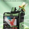A green ventilated bird travel backpack with a perch and feeding cups, featuring a bird inside.