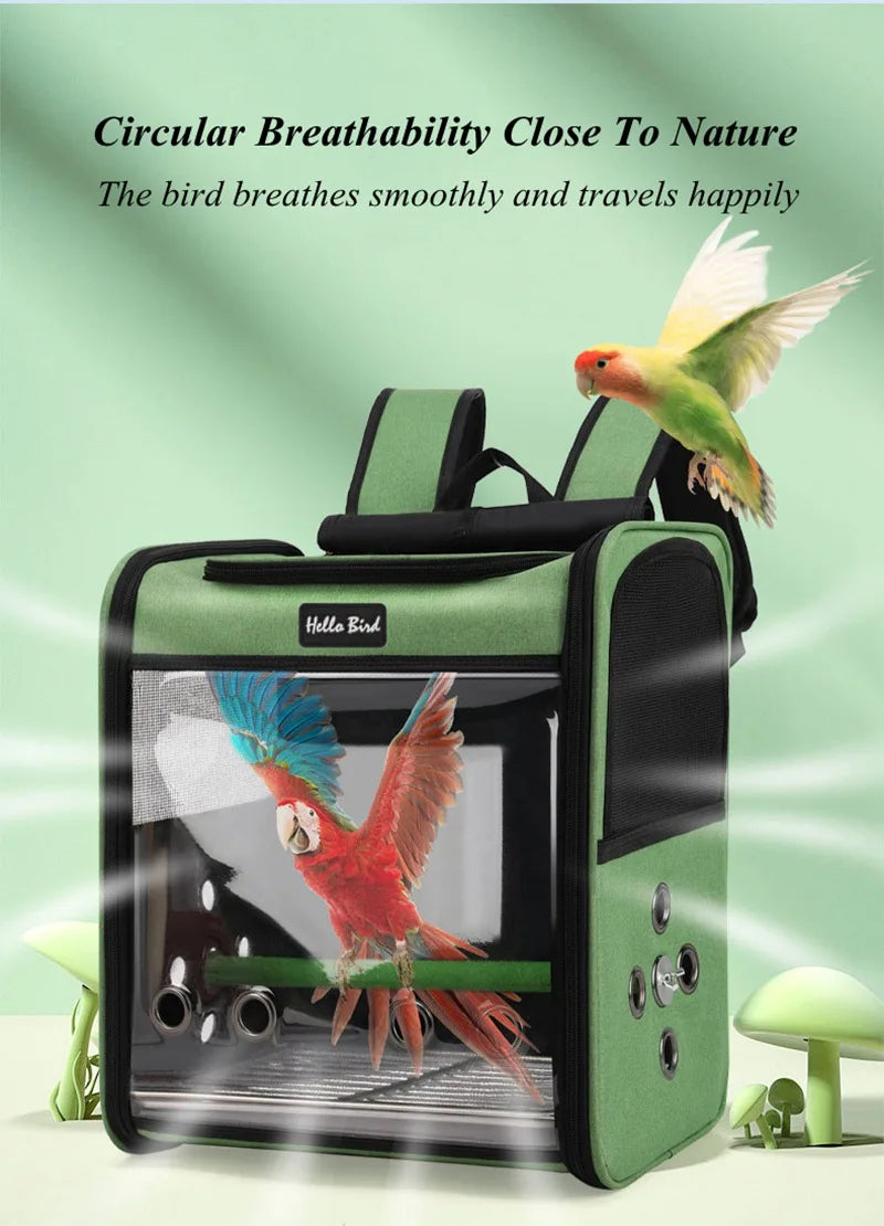 A green ventilated bird travel backpack with a perch and feeding cups, featuring a bird inside.